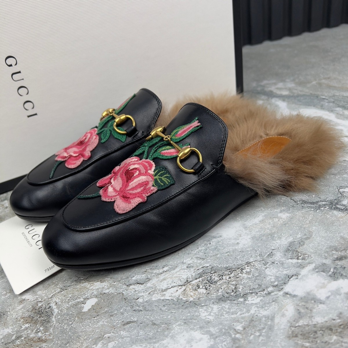 Gucci Princetown Horsebit Slipper Fur Mule Embroid Black Leather 8