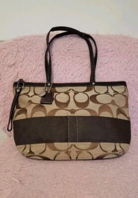 Coach Signature Jacquard Brown Khaki Logo Handbag Purse F13548 | eBay