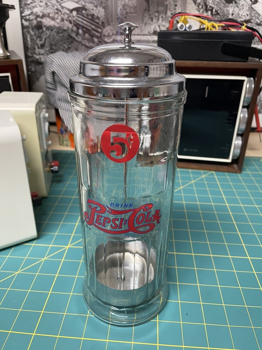 Vintage Pepsi-Cola 5 Cents Glass Straw Holder Dispenser Pepsi