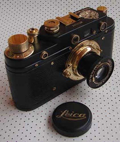 Leica III Panzerkampf copy black-gold in leather case (Zorki copy