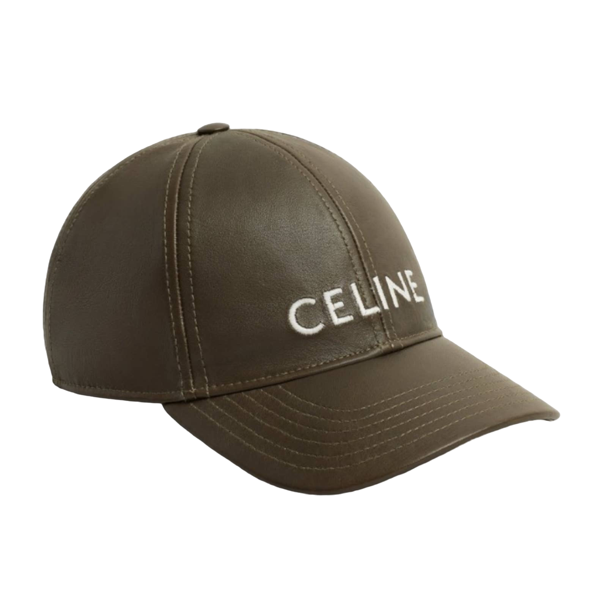 Celine Paris Dark Khaki Green Lamb Leather White Logo Baseball Cap