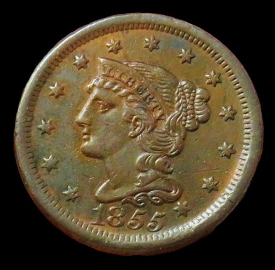 1855 COPPER LARGE CENT SLANTED 55 BRAIDED HAIR TYPE COIN MINT