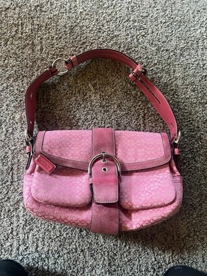 COACH Soho Signature Flap Shoulder Bag Pink Monogram Canvas with