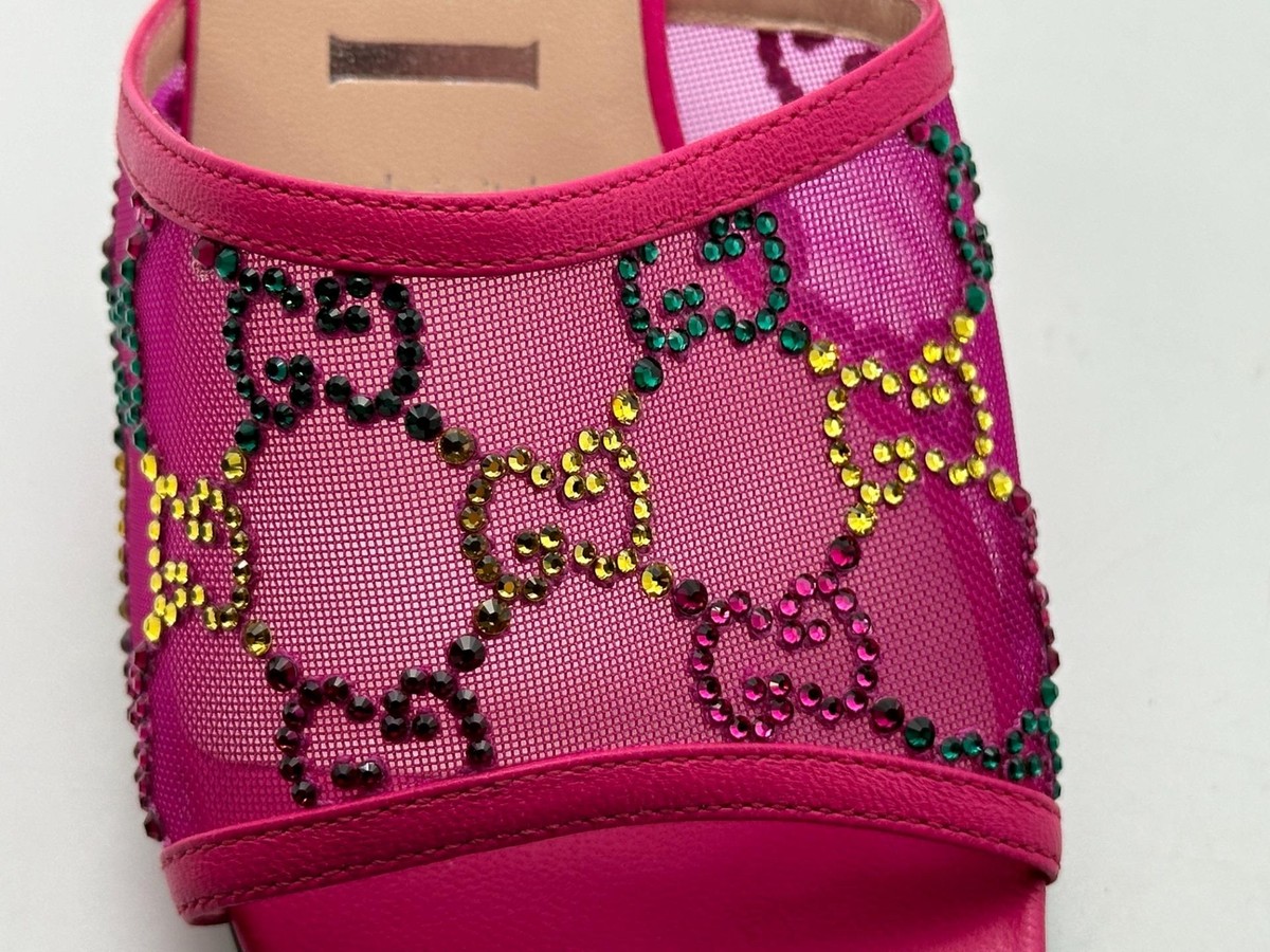 Gucci GG Monogram Demi Rhinestone Crystal Mesh Mules Heels Sandals