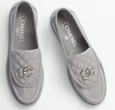 Chanel 21B Grey Quilted Flap Turnlock CC Logo Silver Mule Slip On