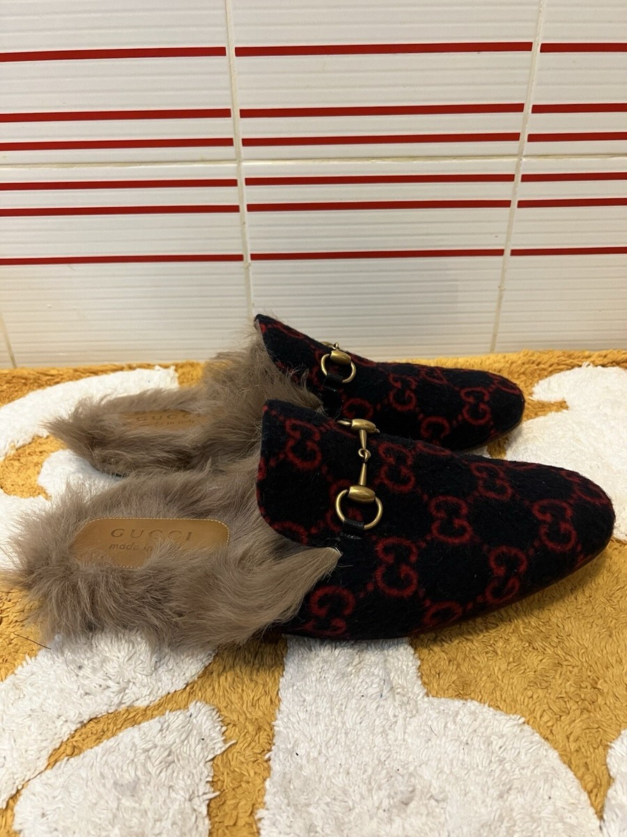 Men 8 US 8.5 Gucci Princetown Horsebit GG Fur Lined Slippers Mules