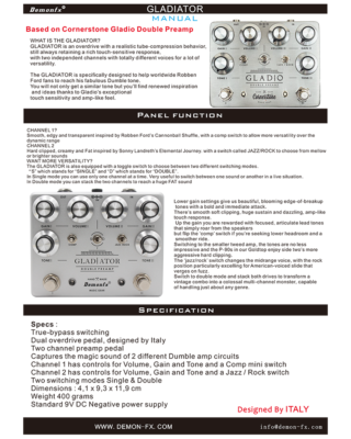 Demonfx GLADIATOR DOUBLE PREAMP OVERDRIVE PEDAL Cornerstone Gladio