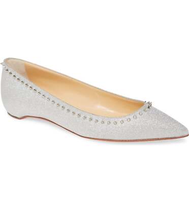 Christian Louboutin Anjalina Flat Silver Glitter Spike Pointed