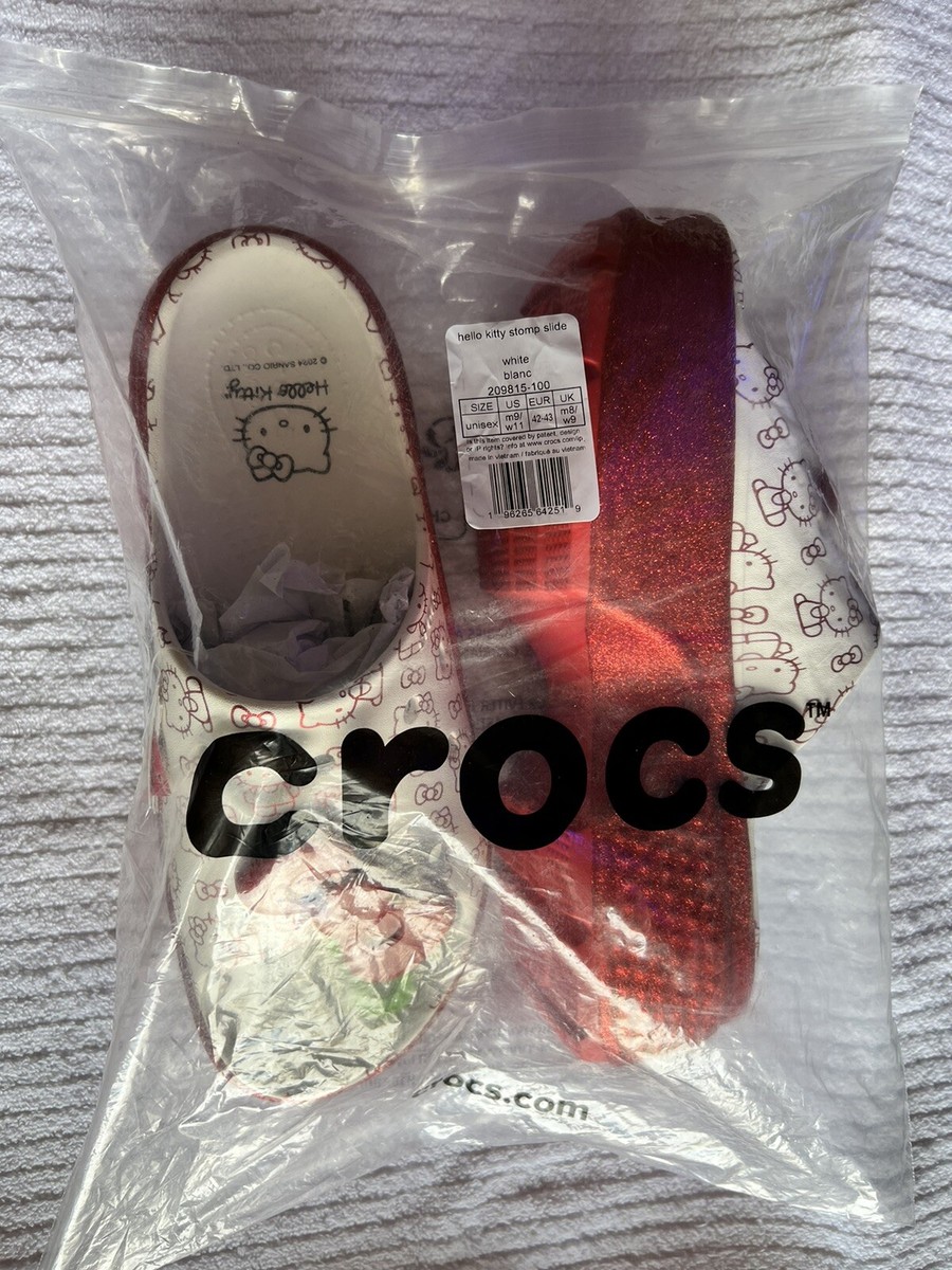 Hello Kitty Crocs Stomp Slides M9/W11 White Red Slip on Shoes