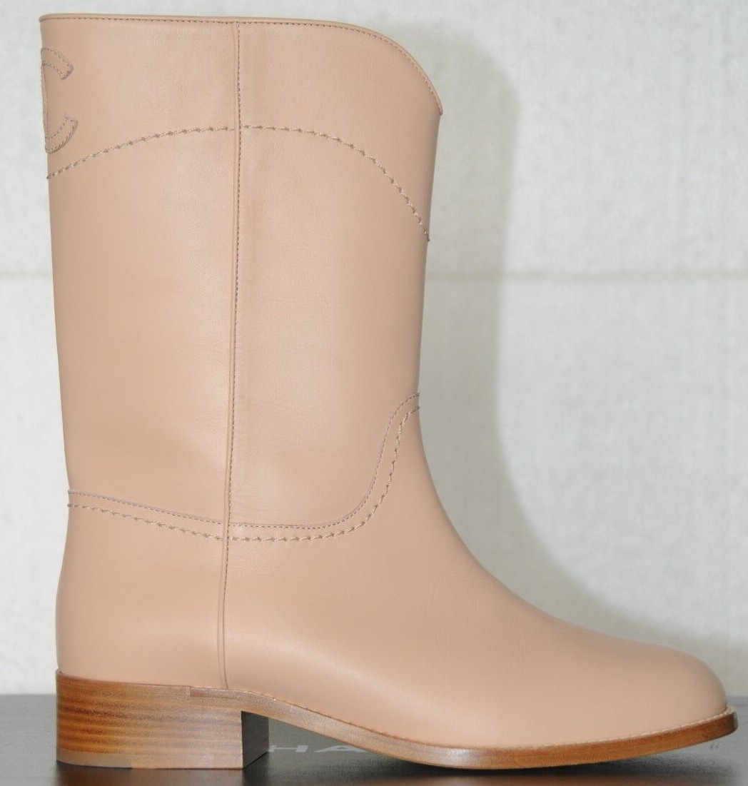 NEW CHANEL Ascot Light Beige Clair Leather Riding Flat BOOTS Big