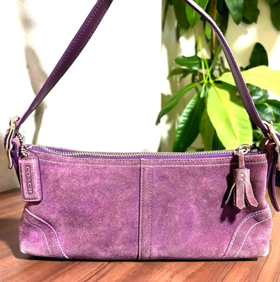 Rare Coach Hampton Demi Purple Suede Baguette Pouch Handbag 7470