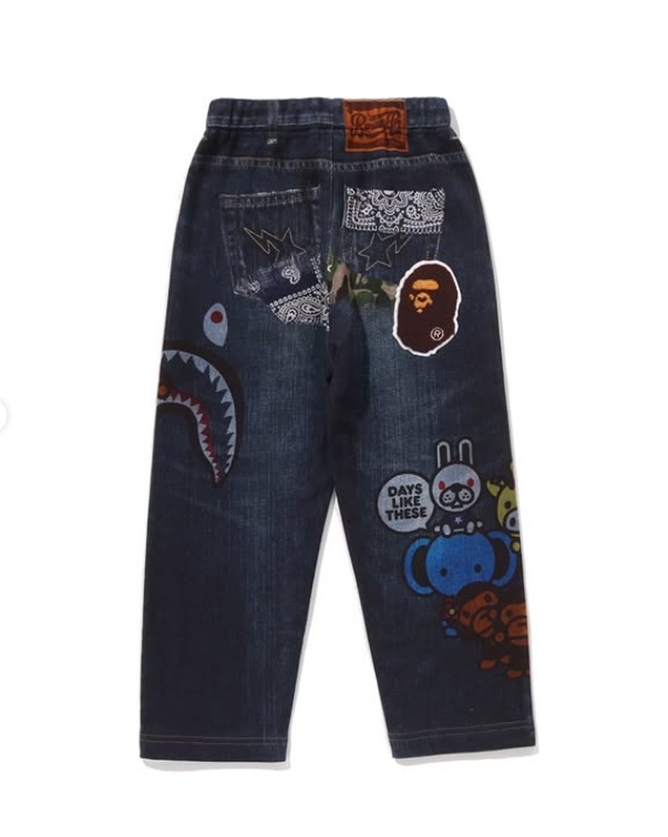 A BATHING APE BAPE KIDS BABY MILO FRIENDS DENIM PRINT SWEAT PANTS