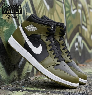 Nike Air Jordan 1 Mid Black White Olive DQ8426-092 Mens New | eBay