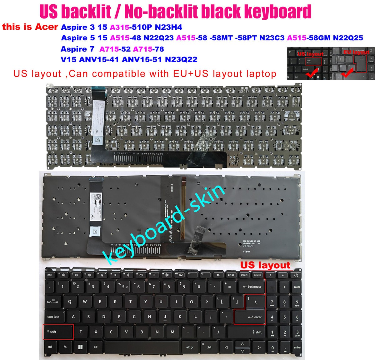 US Keyboard For Acer A315-510P N23H4 A715-78 N22Q23 A515-58 N23C3