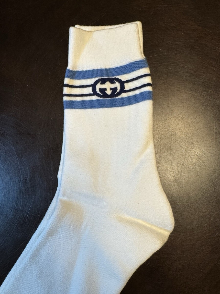 New Authentic Gucci GG Logo Socks White Blue Size L | eBay