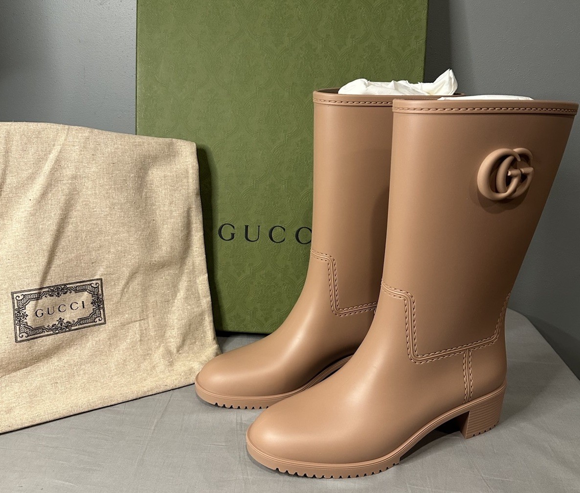 Gucci Double G Rubber Rain Boots Camel Women's Sz 41 (US 11