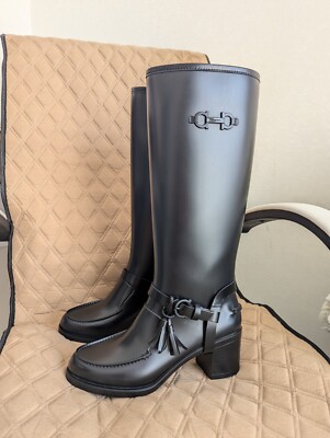 Salvatore Ferragamo Gancini Knee High Rain Rubber Wellington Boots