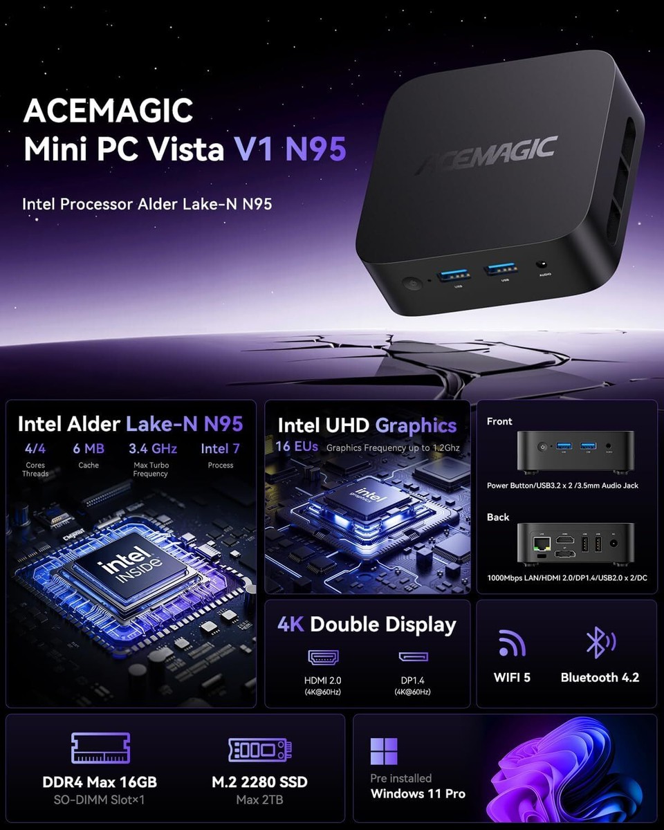 4K Triple Display Mini PC Intel N95 8GB RAM 256GB SSD Dual LAN