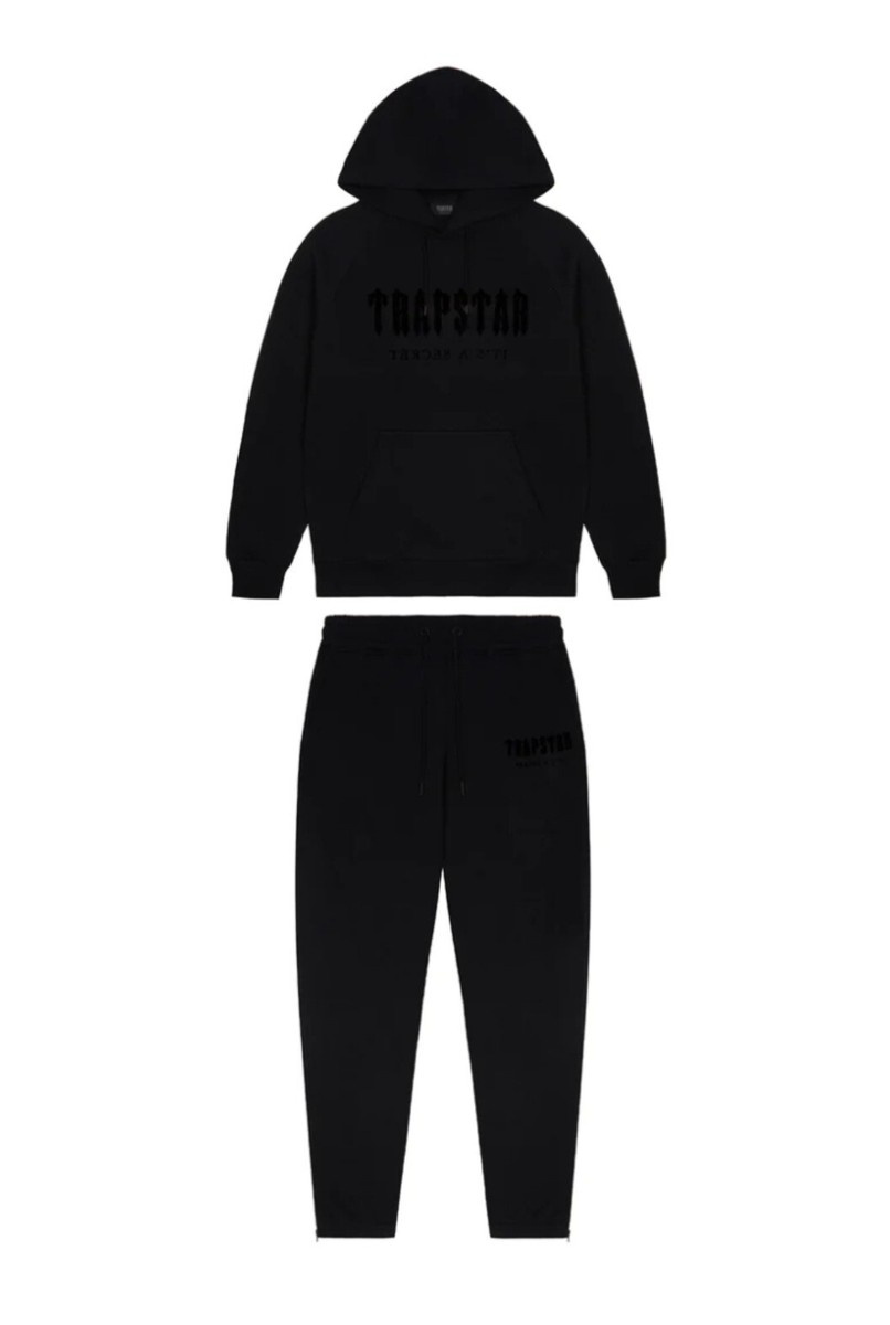 TRAPSTAR CHENILLE DECODED HOODED TRACKSUIT BLACKOUT EDITION SIZE L