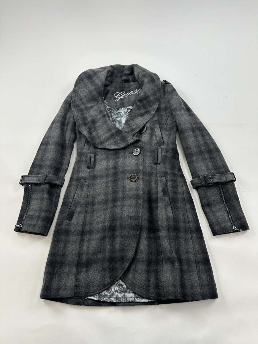 Guess Trench Coat Womens XS Black Gray Plaid Wool Blend Jacket