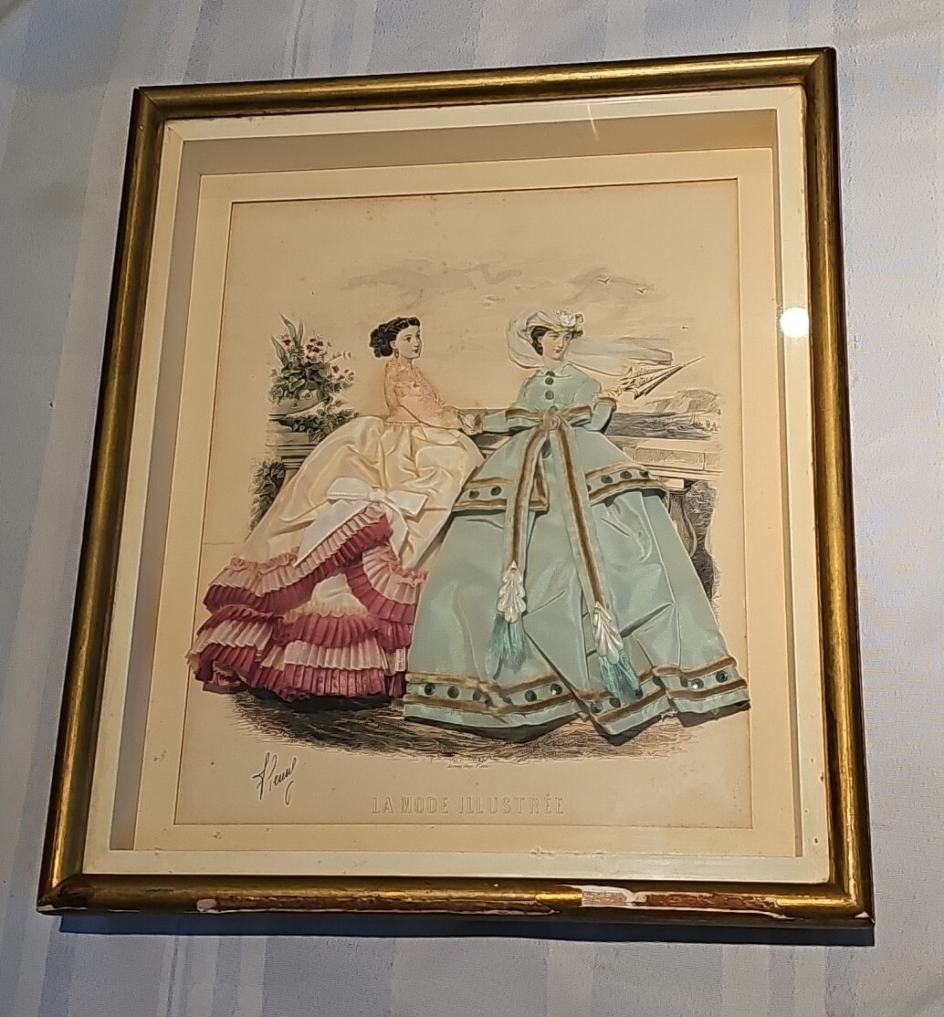signed antique La Mode Illustree Embellished Fabric Shadow Box