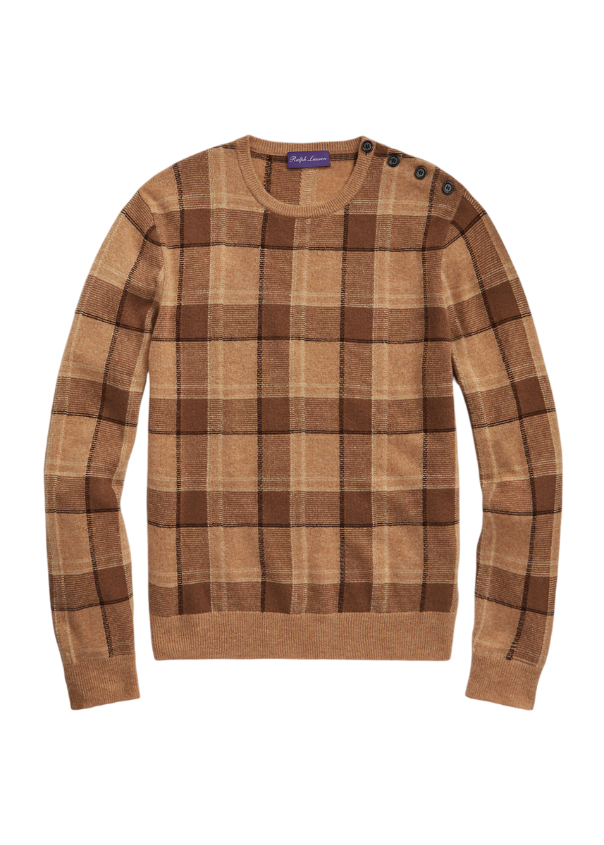 Ralph Lauren Purple Label Camel Plaid Cashmere Crewneck Sweater