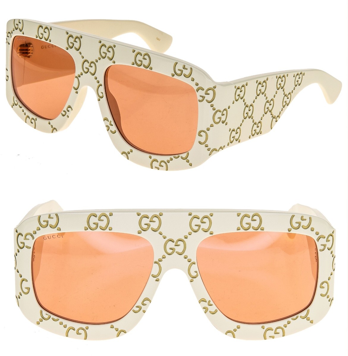 GUCCI AUTHENTIC Monogram Print 0983 Ivory Orange Unisex Sunglasses