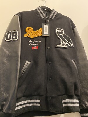 OVO x Roots 2022 Black Leather Varsity Jacket October's Very Own