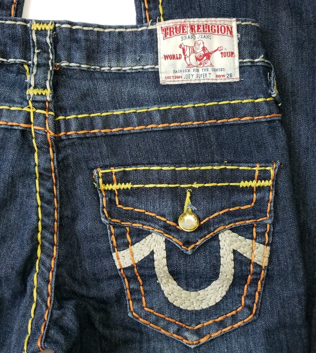 TRUE RELIGION Joey Super T Jeans Womens 26 Yellow Cystals Orange