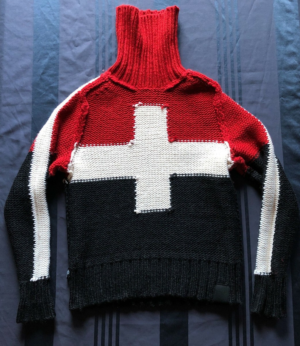 RLX Ralph Lauren SMALL Red/White/Black Swiss Cross Turtleneck Wool