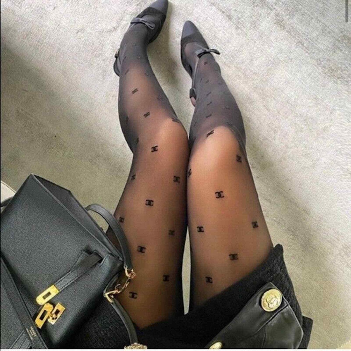 Chanel REV Runway Black CC Logo Sheer Hoisery Stockings Pull On