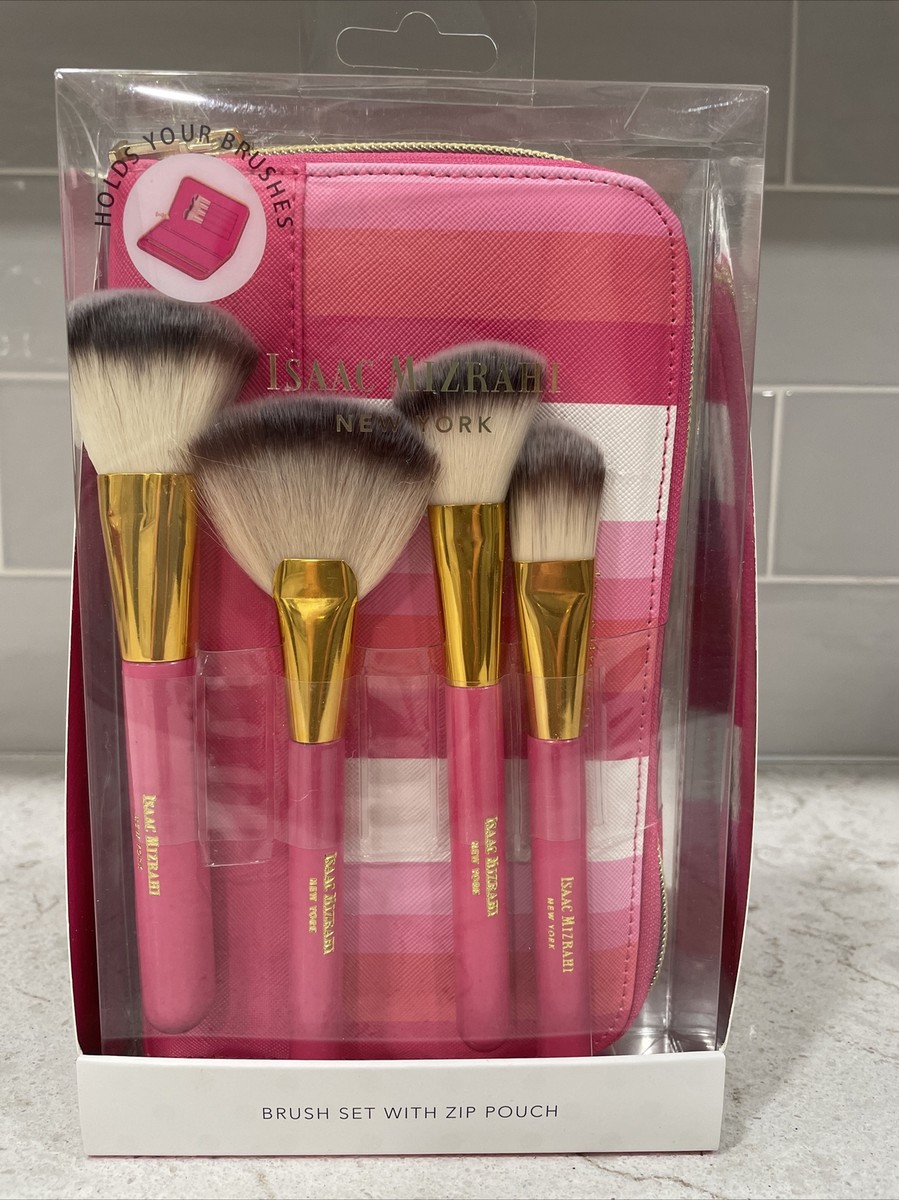 4 Piece Isaac Mizrahi Makeup Cosmetic Brush Set Zip Around Pink