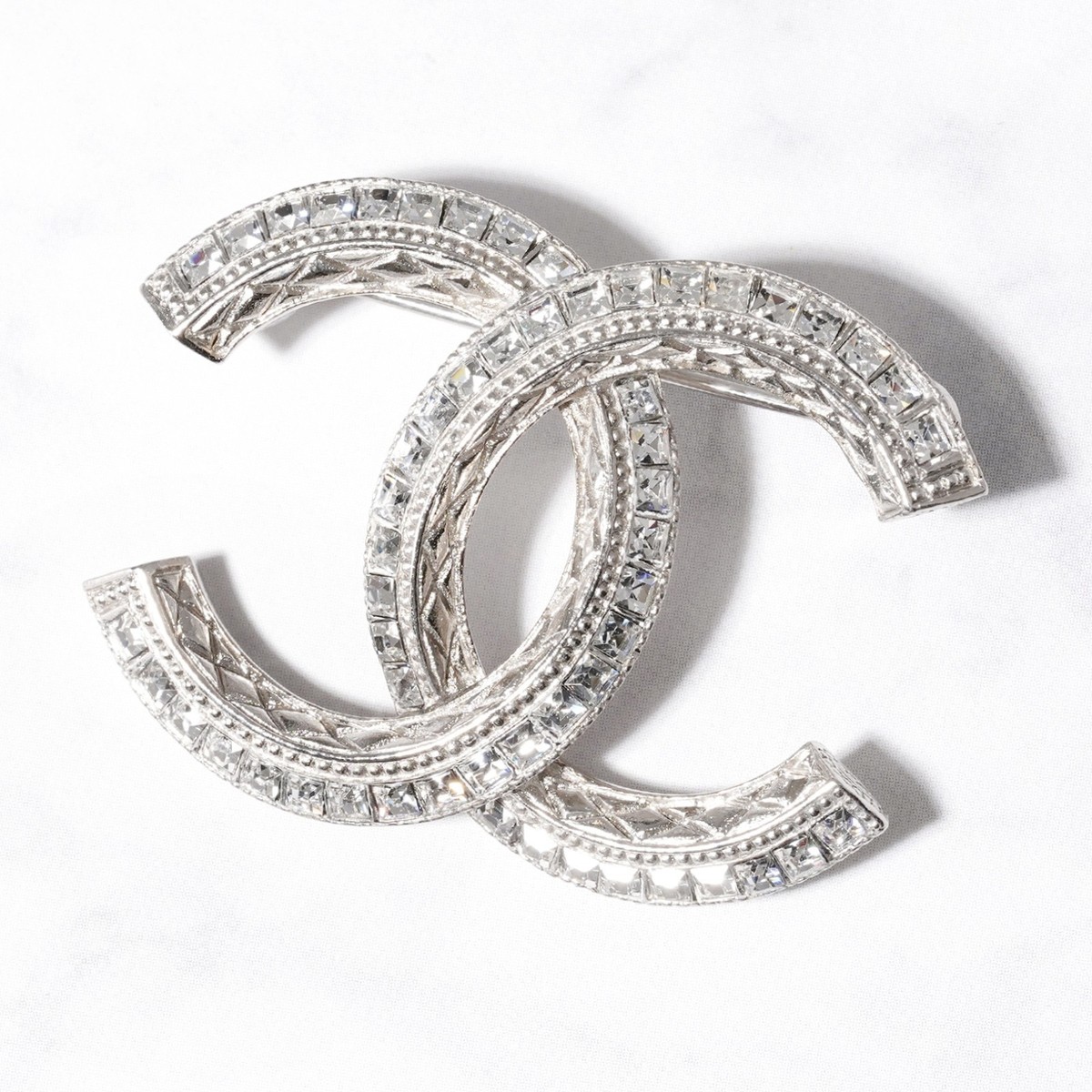 CHANEL CC Coco Mark Pin Brooch Silver Rhinestone Crystal F19V