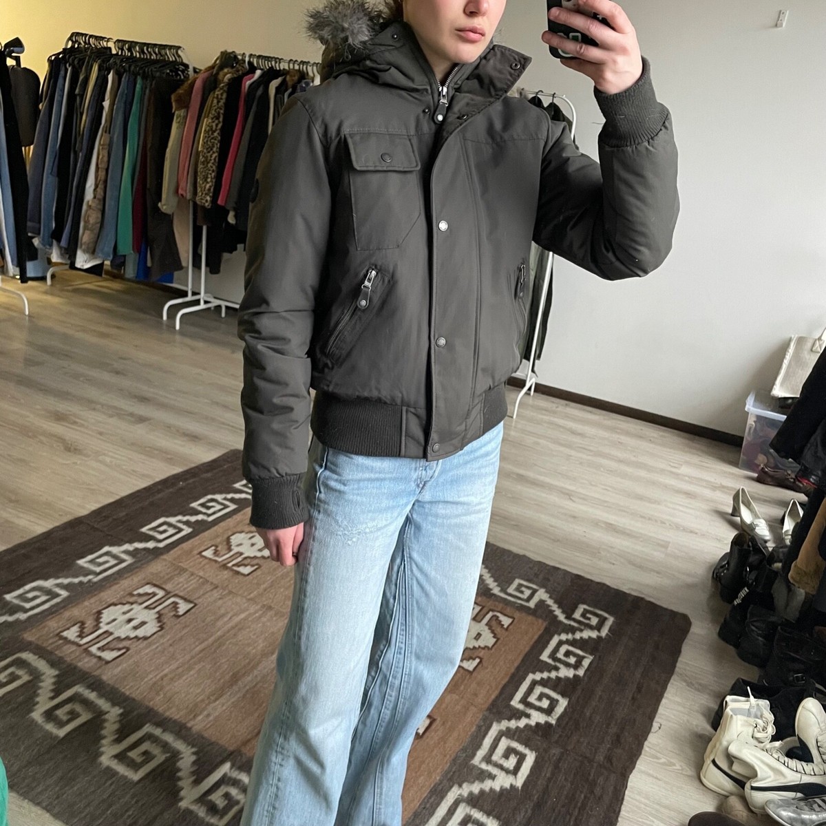 Bench Y2K Vintage Women's Khaki Fur Trim Bomber Jacket Size M | eBay