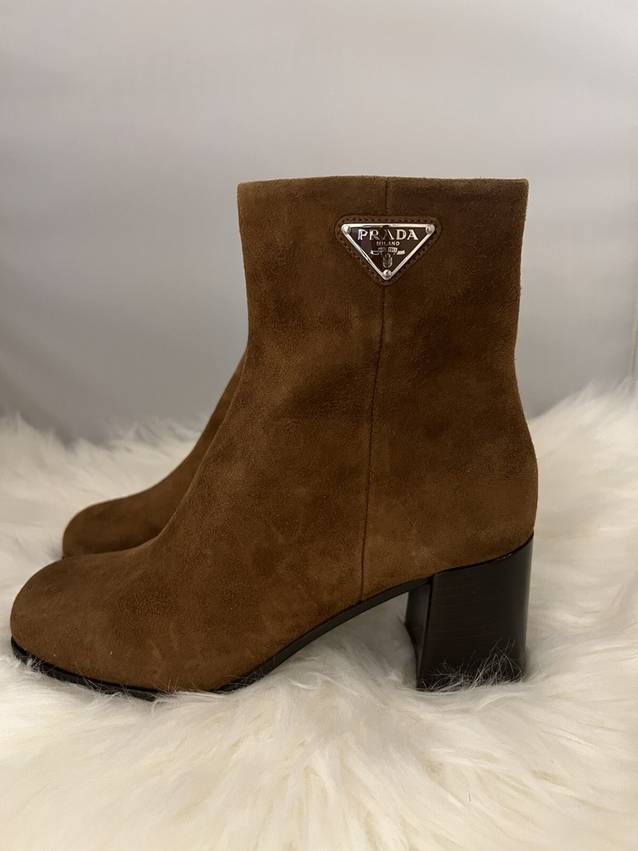 PRADA Brown Suede/Enamel Triangle Logo Ankle Boots Size 36.5 | eBay