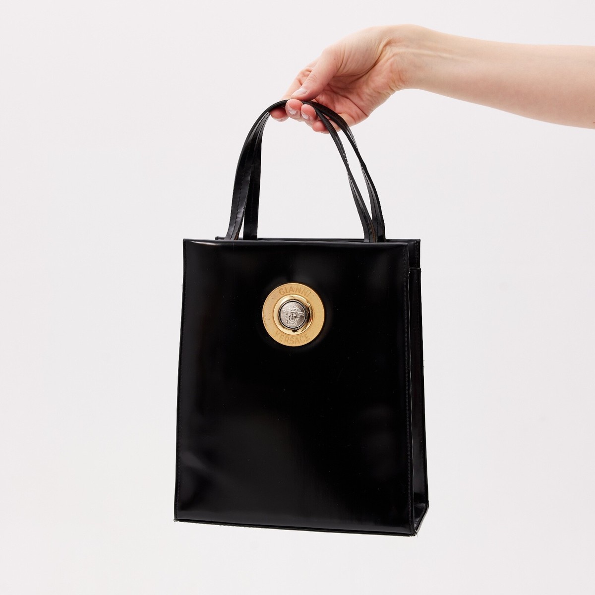 Gianni Versace Rectangular Top Handle Bag in Black Leather with