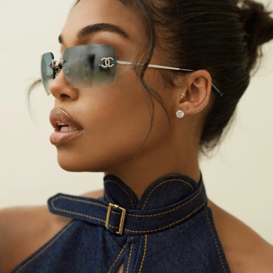 CHANEL 4017-D Rhinestone Sunglasses Rimless Teal Gradient Vintage