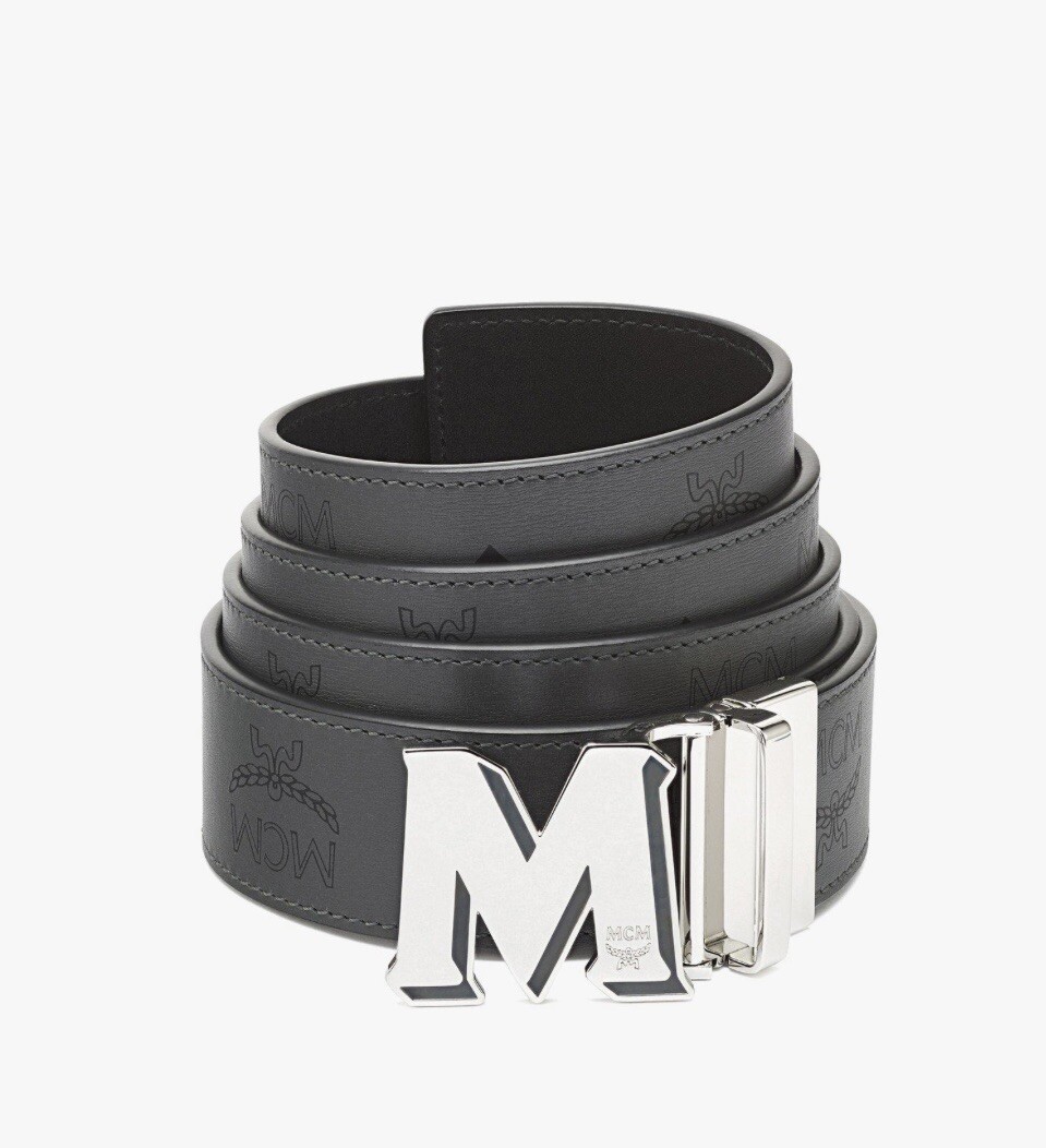 MCM Men Gray and Black M Logo Buckle Monogram Reversible Leather