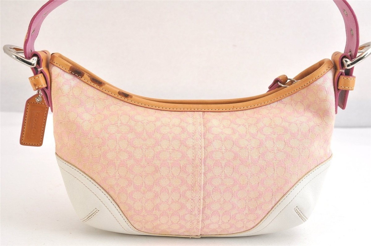 COACH Hobo Mini Signature One-Shoulder Bag Pink Leather Canvas