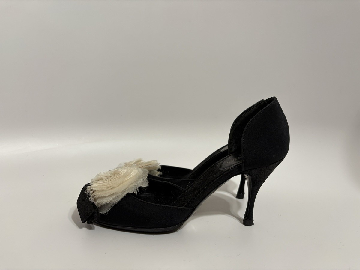 Vtg Chanel Black White Camellia Flower Heels 36 | eBay