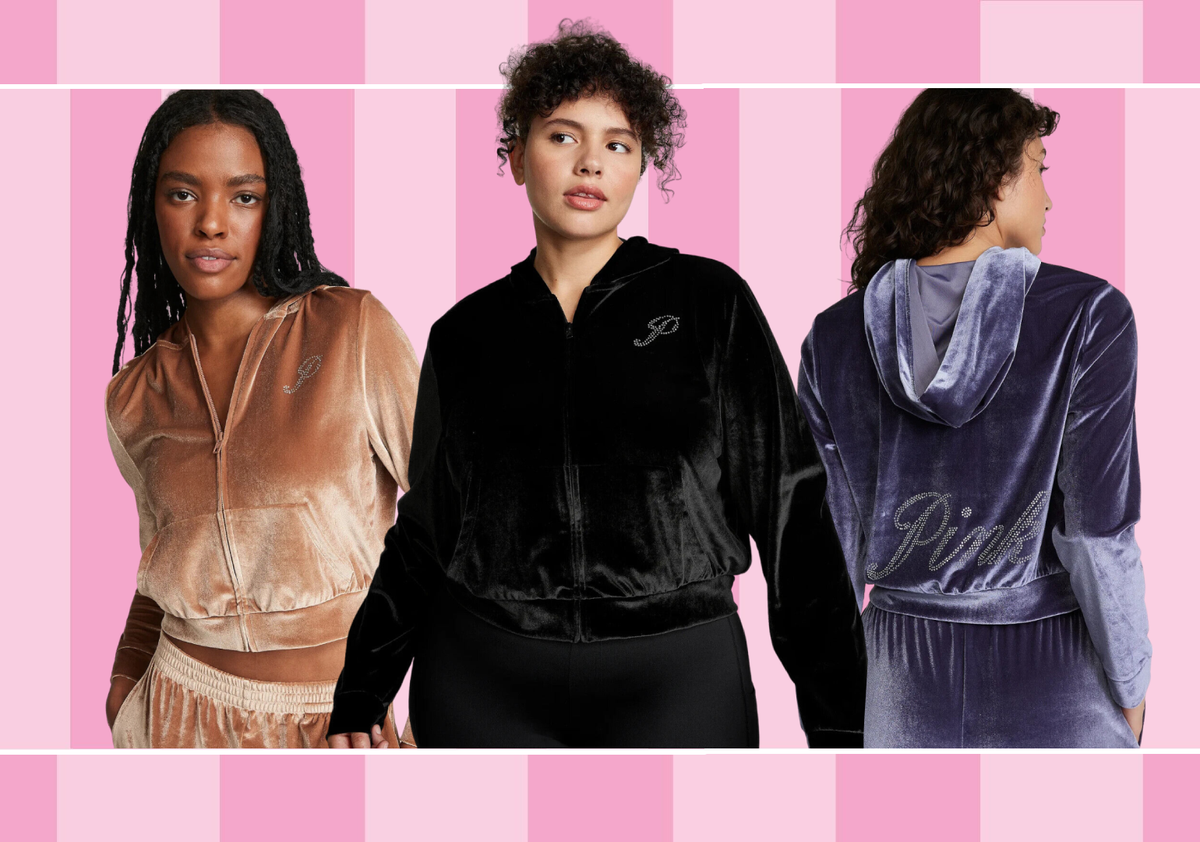 Victoria's Secret PINK VELOUR SHINE LOGO FULL-ZIP CROP HOODIE L