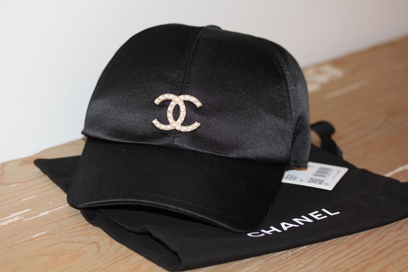 CHANEL Baseball Hat Cap Silk Faux Pearl CC Mark (one size) Black
