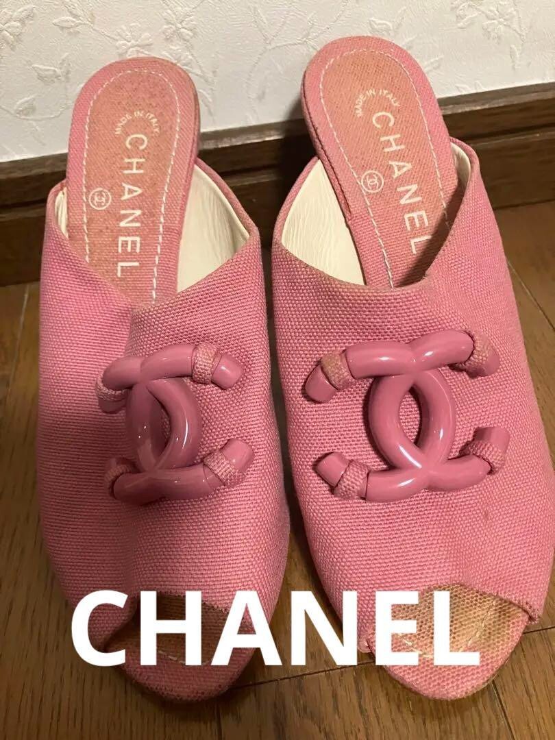 Chanel Sandals Mules Heels Coco Mark Pink Canvas Size 36 US About6