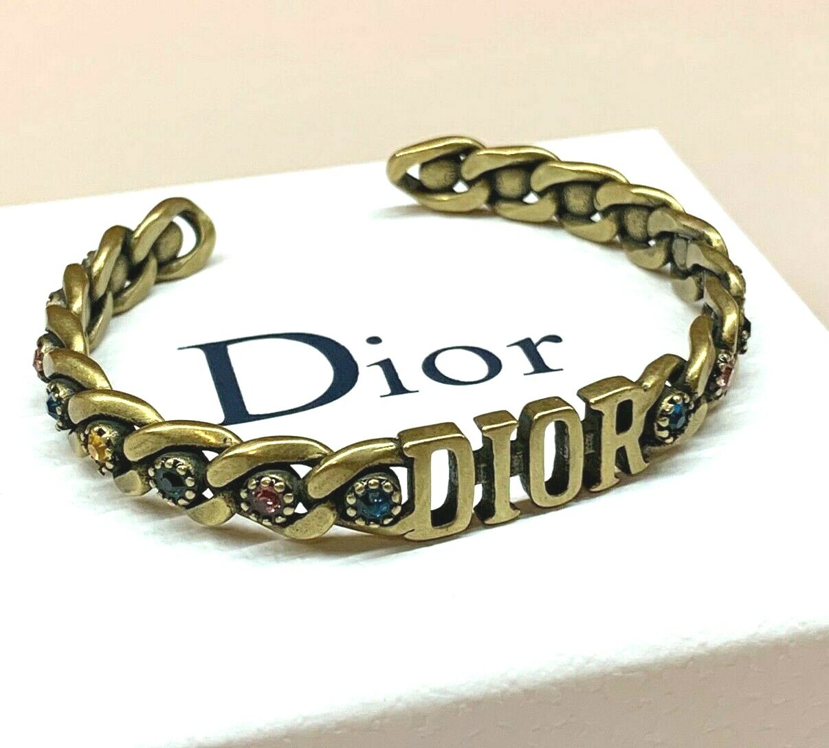 CHRISTIAN DIOR Cuff Bangle Bracelet Brass Tone CD Logo with