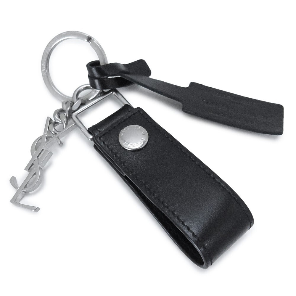 SAINT LAURENT Key Ring Holder Monogram Leather Tag YSL Metal Logo
