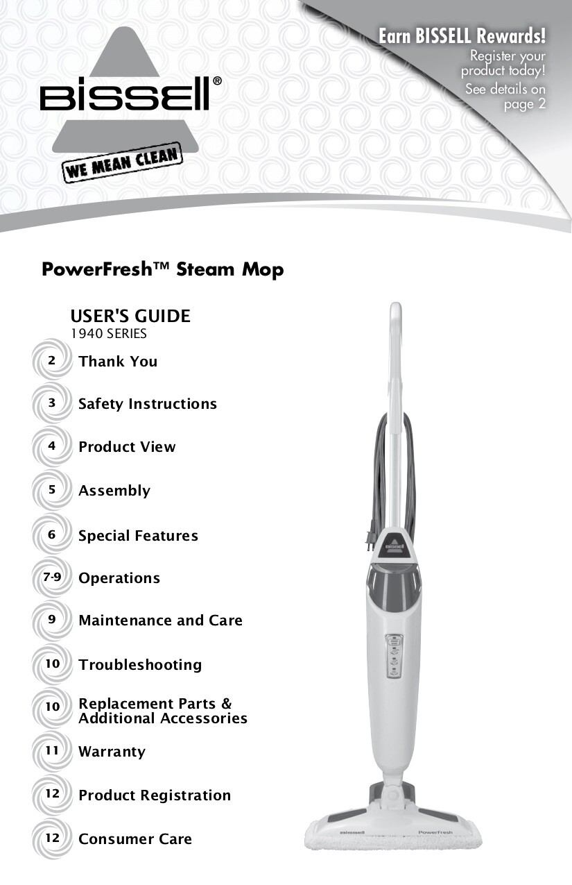 Bissell PowerFresh Steam Mop 1940 Owner's Manual PRINTED OR PDF