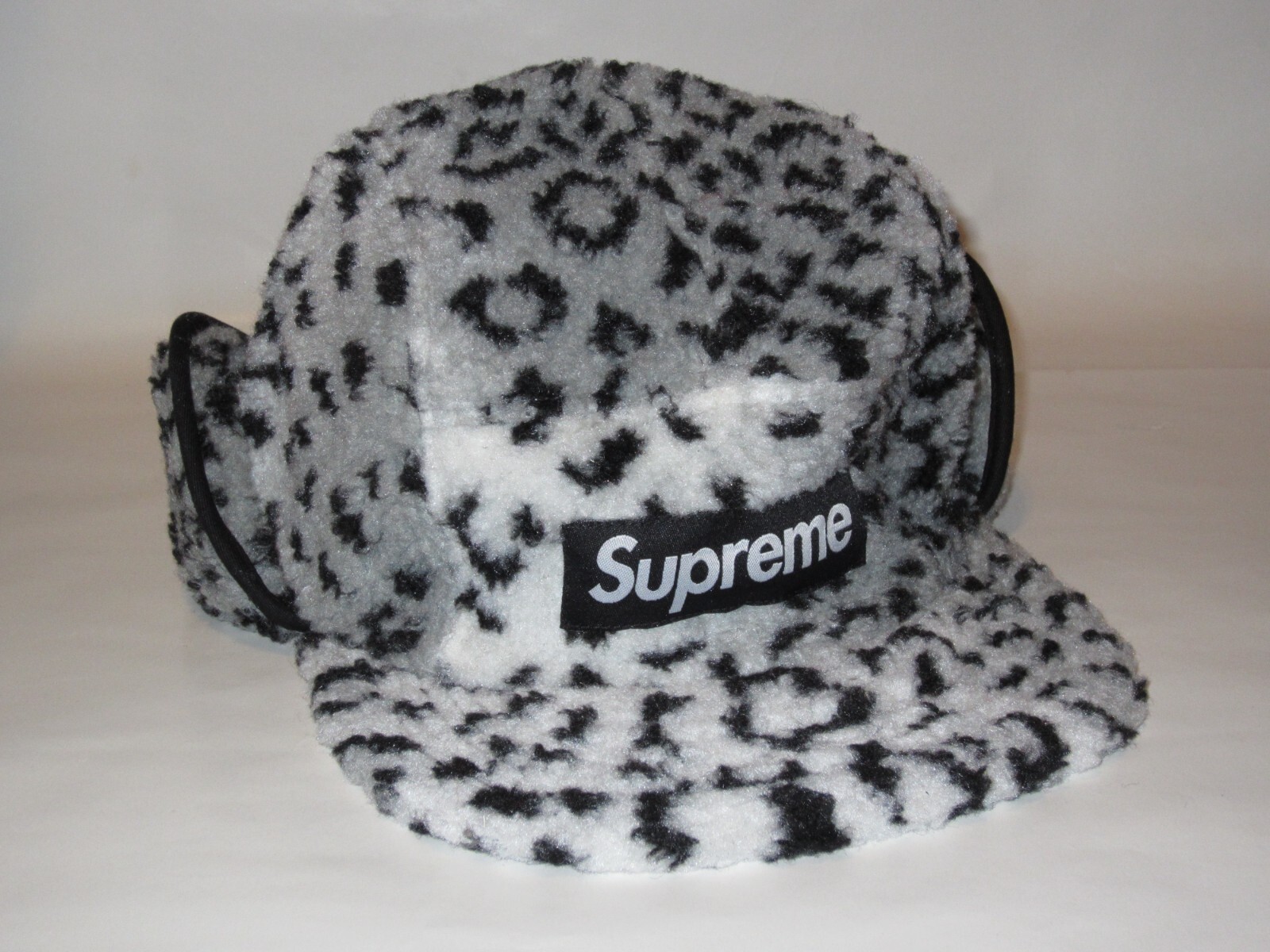 SUPREME Leopard Polar Fleece Earflap Camp Cap GREY Hat Small