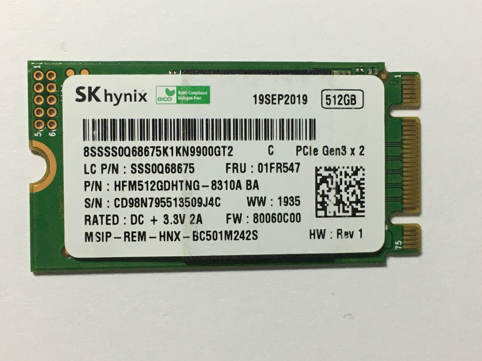 SKhynix HFM512GDHTNG-8310A 512GB SSD MVMe PCIe Gen3x2 M.2 2242 SSD