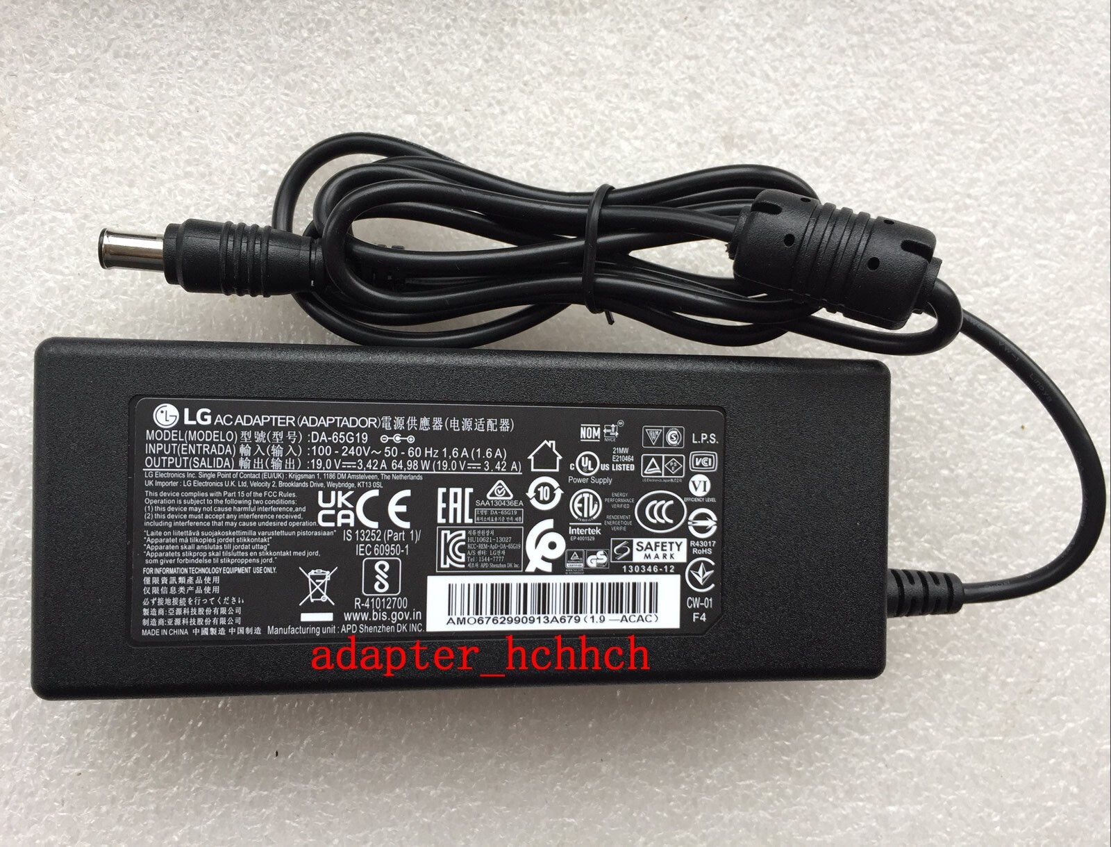 LG 65W Cord/Charger | 19V 3.42A | DA65G19 | 32GP83B-B 34WP65C-B