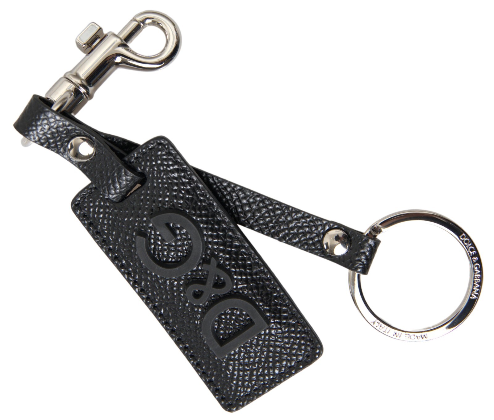 DOLCE & GABBANA Keychain Black DG Logo Leather Silver Metal